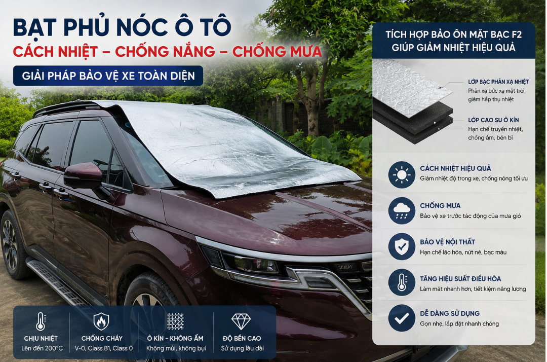 Bạt Phủ Nóc Che Nắng Cách Nhiệt Chống Mưa  Cho Xe Ô Tô Bằng Bảo Ôn Mặt Bạc F2 – Giải Pháp Bảo Vệ Xe Hiệu Quả