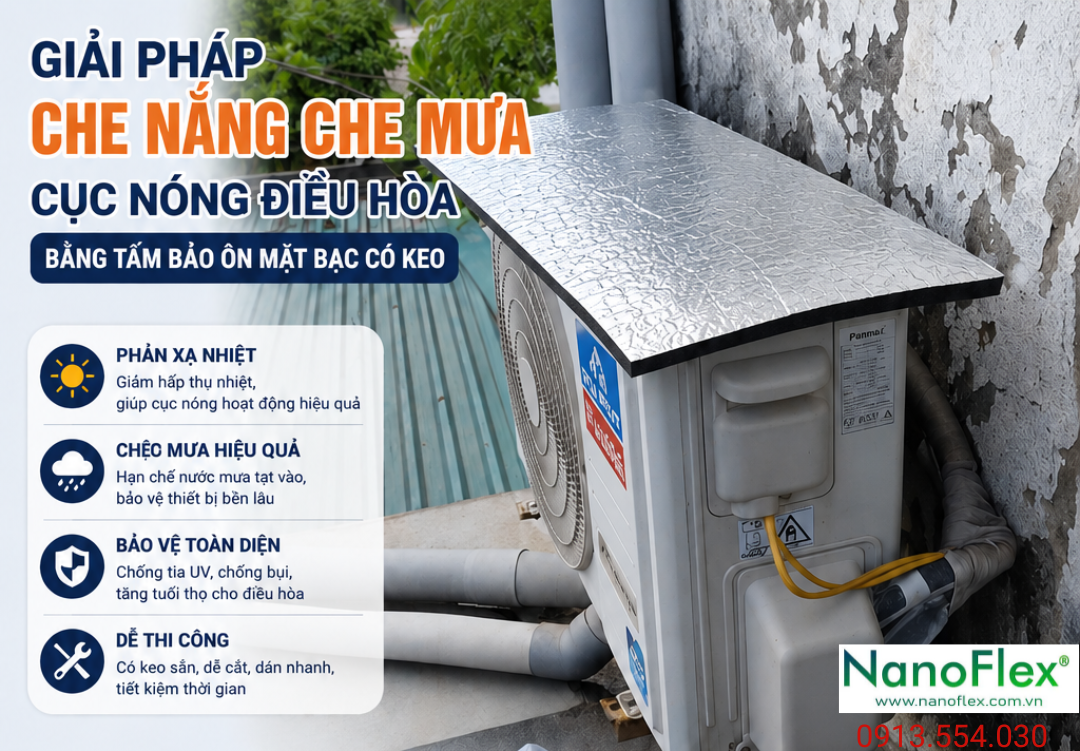 Giải Pháp Che Nắng Che Mưa Cục Nóng Điều Hòa Bằng Tấm Bảo Ôn Mặt Bạc Có Keo